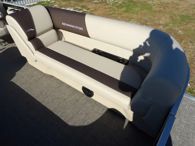 Slide: The Image of 2025 Bennington S Quad Bench 21 SSR boat seating, beige and brown upholstery. - 12