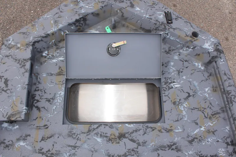 Slide: The Image of Camouflage-patterned Excel Eclipse 1554 boat deck with storage compartment, 2025 model. - 22