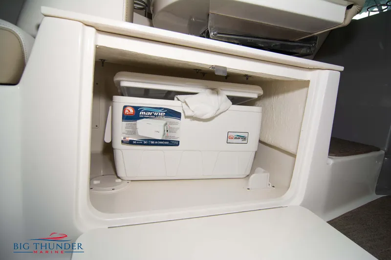 Slide: The Image of 2016 Sea Ray 370 Sundancer storage compartment with marine cooler. - 40