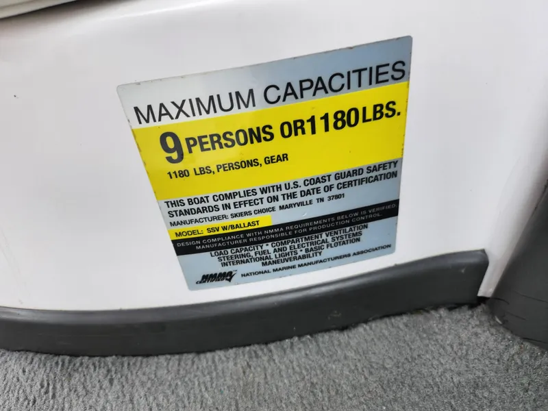 Slide: The Image of 2004 Supra Launch SSV capacity label, 9 persons or 1180 lbs, safety compliance. - 13