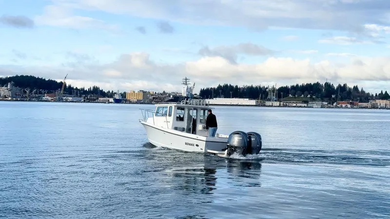 Slide: The Image of 2025 Defiance 260 Admiral boat cruising on calm waters near a coastal town. - 2