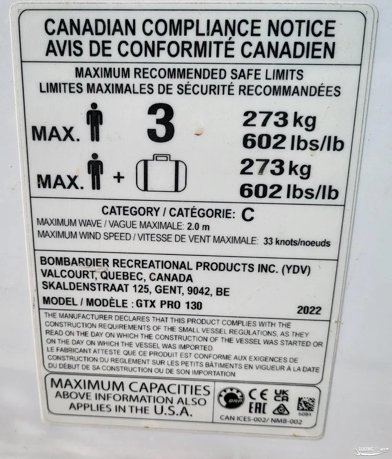 Slide: The Image of Sea-Doo GTX PRO 130 compliance notice, 2022 model, maximum capacity 273 kg, 3 persons. - 10