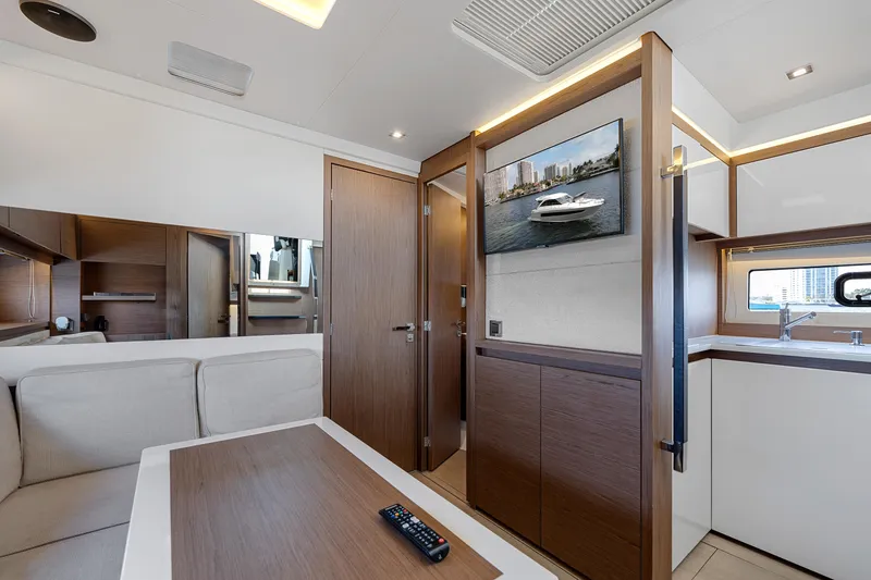 Slide: The Image of Interior of 2018 Jeanneau Leader 46 yacht, featuring modern design and comfortable seating area. - 46