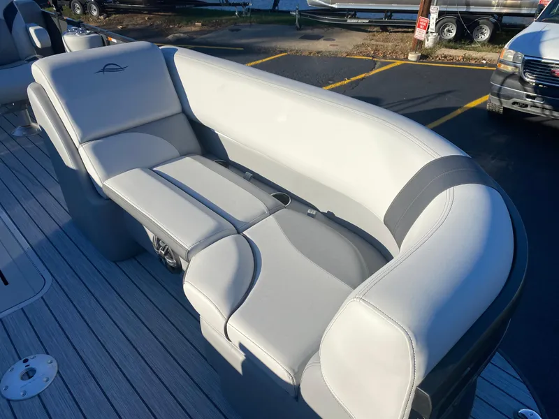 Slide: The Image of Luxurious seating on 2025 SunCatcher Select 322RC boat, featuring sleek design and comfort. - 12