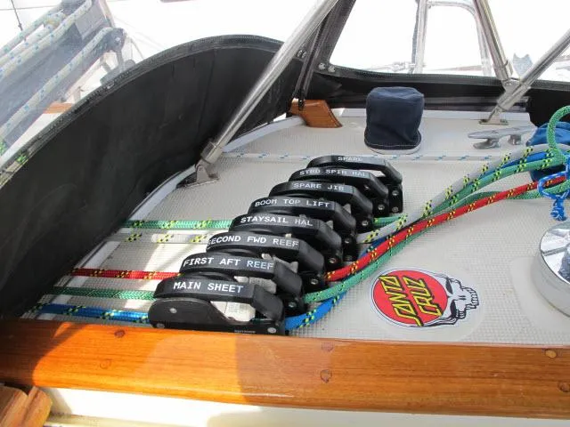 Slide: The Image of Sailboat control panel with labeled lines on a 1987 Pacific Seacraft PS37. - 26