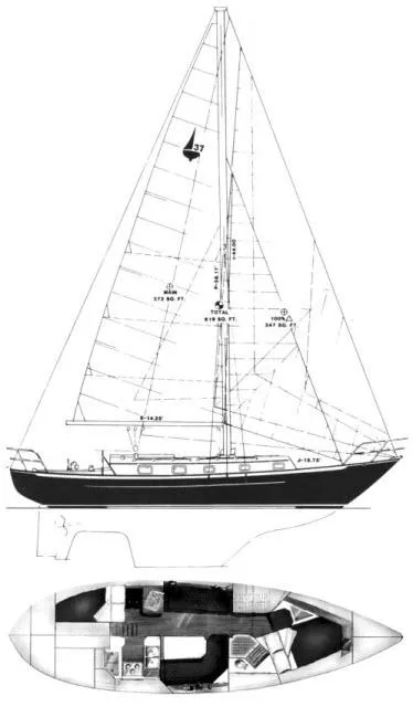 Slide: The Image of Line drawing of 1987 Pacific Seacraft PS37 sailboat with interior layout. - 45