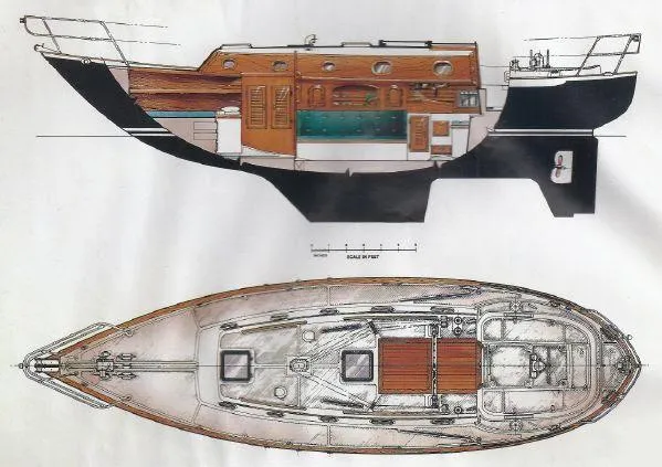 Slide: The Image of Cutaway and top view of 1987 Pacific Seacraft PS37 sailboat design. - 46
