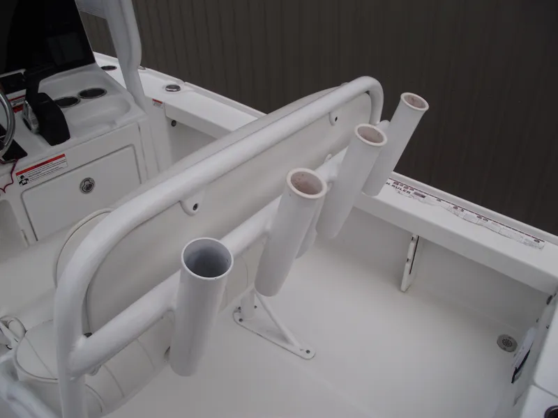 Slide: The Image of 2019 Sea Hunt BX 22 BR boat interior with rod holders and console. - 42