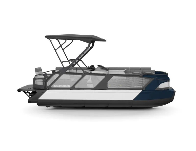 Slide: The Image of 2025 Sea-Doo SWITCH CRUISE 18 230 pontoon boat, side view, modern design. - 3
