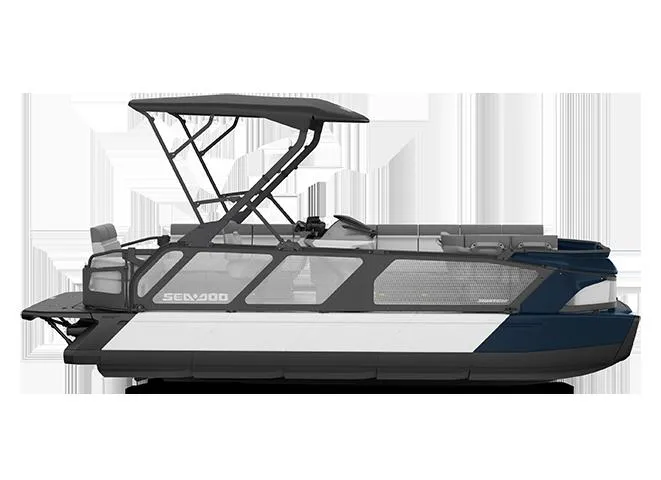 Slide: The Image of 2025 Sea-Doo SWITCH CRUISE 18 230 pontoon boat, side view, with canopy and sleek design. - 4