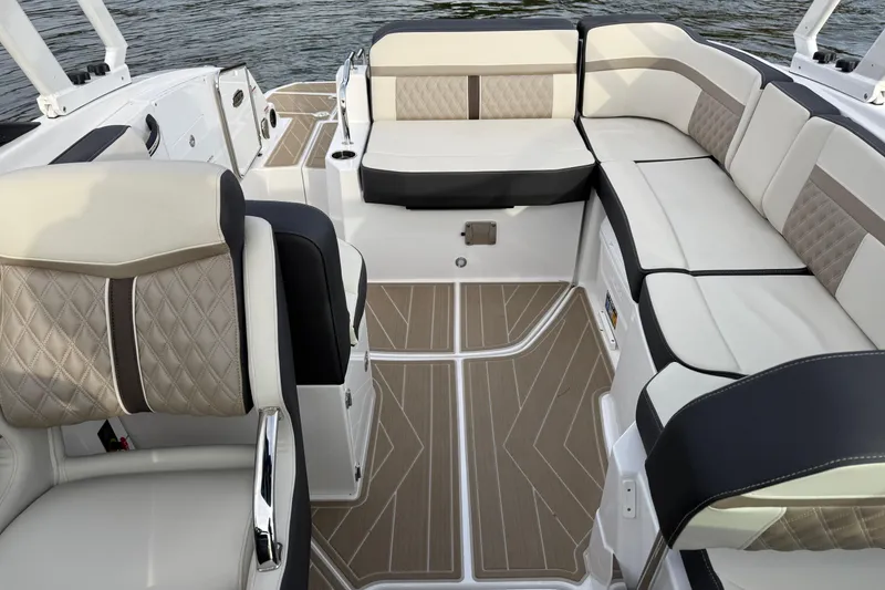 Slide: The Image of Luxurious interior of 2025 Monterey M6 boat with elegant seating and stylish flooring. - 18