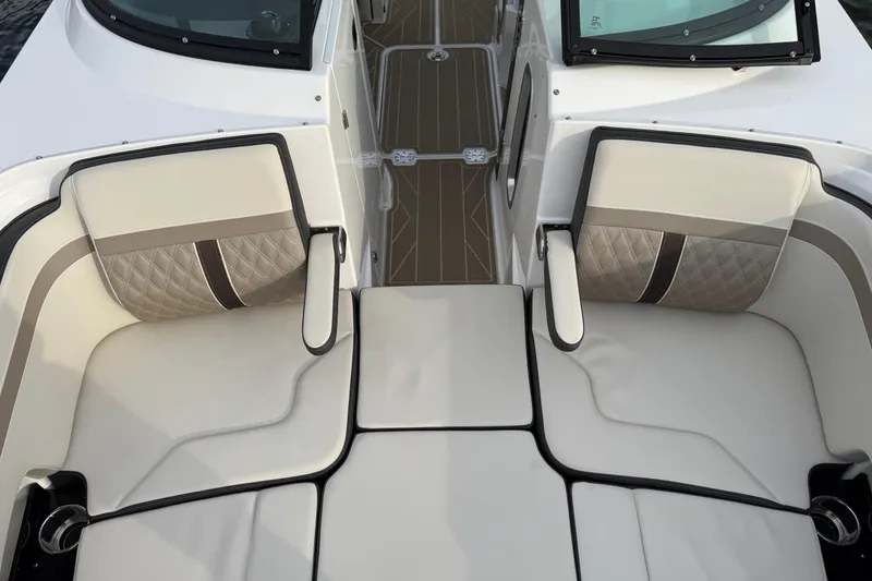 Slide: The Image of Luxurious seating on 2025 Monterey M6 boat, featuring elegant quilted upholstery and modern design. - 20