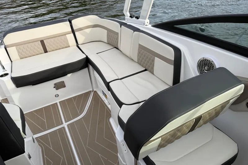 Slide: The Image of Luxurious seating on 2025 Monterey M6 boat with elegant upholstery and modern design. - 22