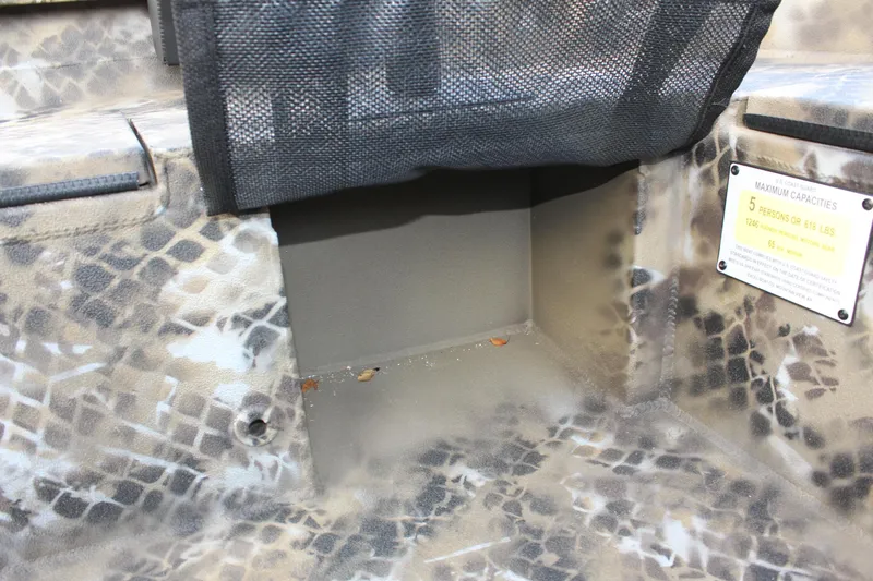 Slide: The Image of Excel 1860 F4 Shallow Water boat interior, camouflage design, storage compartment, 2025 model. - 15