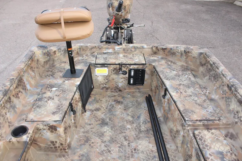 Slide: The Image of 2025 Excel 1751 Viper F4 boat interior with camouflage design and seating. - 12