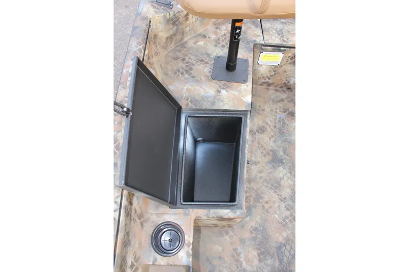 Slide: The Image of 2025 Excel 1751 Viper F4 boat interior with open storage compartment and camouflage design. - 13