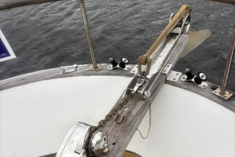 Slide: The Image of Anchor chain mechanism on 1983 Albin Double Cabin boat deck. - 8