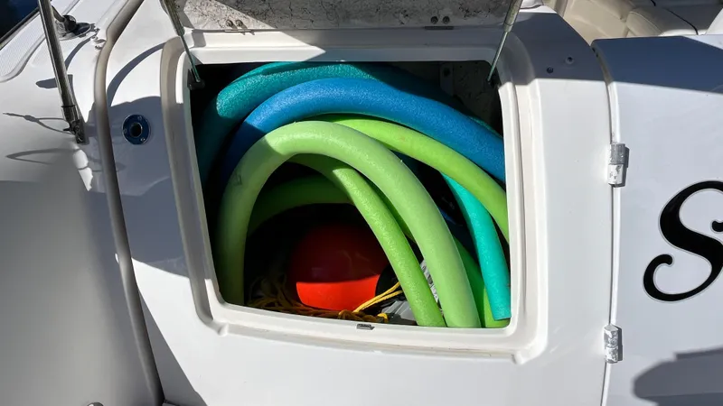 Slide: The Image of Storage compartment on 2008 Sea Ray 380 Sundancer with colorful pool noodles and a red ball. - 12