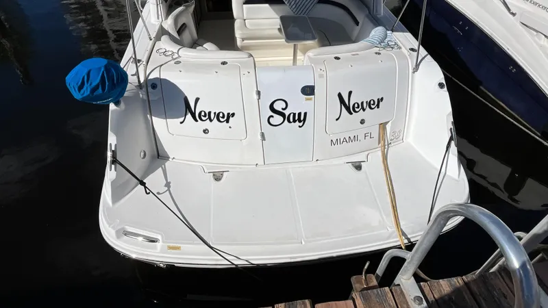 Slide: The Image of 2008 Sea Ray 380 Sundancer boat named "Never Say Never" docked in Miami, FL. - 7