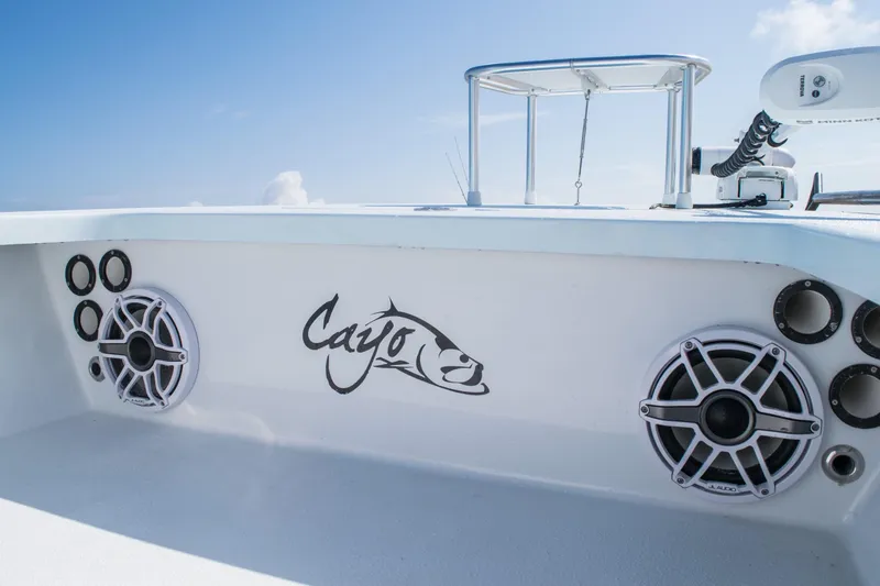 Slide: The Image of 2025 Cayo Boatworks 180 MV with speakers and logo, under clear blue sky. - 7