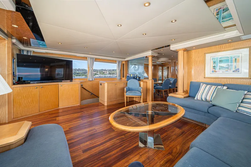 Slide: The Image of Luxurious 1995 Nordlund Cockpit Motor Yacht interior with elegant wood finishes and modern furnishings. - 30