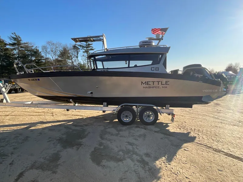 Slide: The Image of 2023 Viggo C8 boat on trailer, side view, with American flag and "Mettle" text. - 5