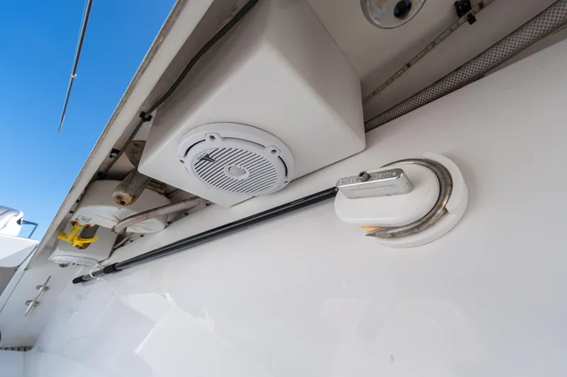 Slide: The Image of 2015 Bahama 34 boat interior with speaker and equipment details. - 35