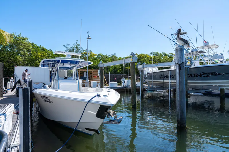 Slide: The Image of 2015 Bahama 34 boat docked at marina with pelican perched nearby. - 39
