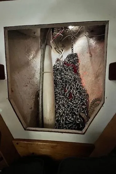 Slide: The Image of Anchor chain storage in 1980 Kaiser Gale Force 34 sailboat. - 29