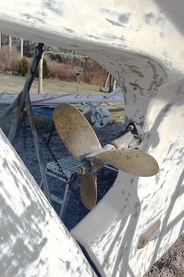 Slide: The Image of Propeller of 1980 Kaiser Gale Force 34 sailboat, dry docked for maintenance. - 8