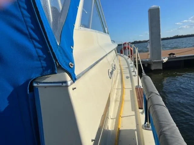 Slide: The Image of 1968 Chris-Craft 31 Commander docked, featuring blue canopy and sleek design. - 4