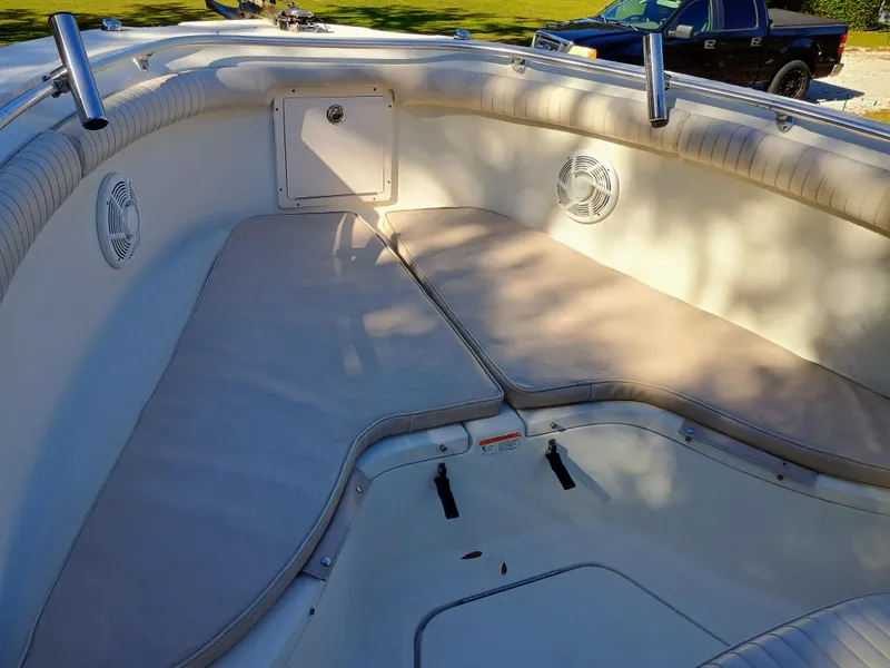 Slide: The Image of 2007 Hydra-Sports 2500CC Vector boat interior with cushioned seating and storage. - 13