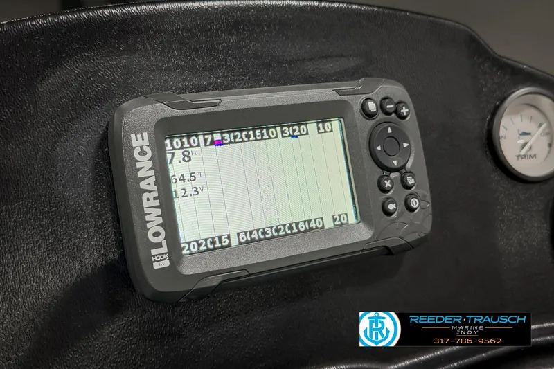 Slide: The Image of Lowrance fish finder on 2021 Lowe Skorpion 17 dashboard, displaying depth readings. - 27