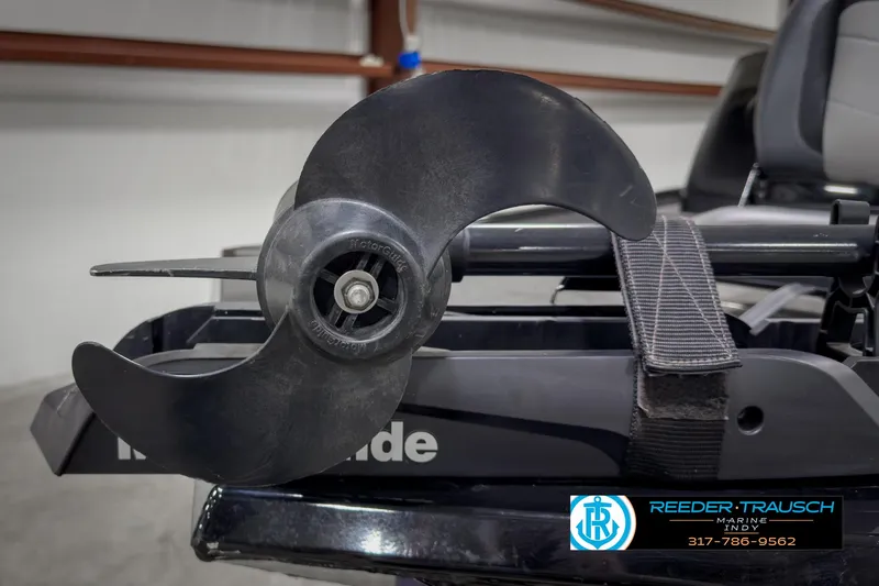 Slide: The Image of Close-up of a 2021 Lowe Skorpion 17 boat propeller in a showroom. - 34