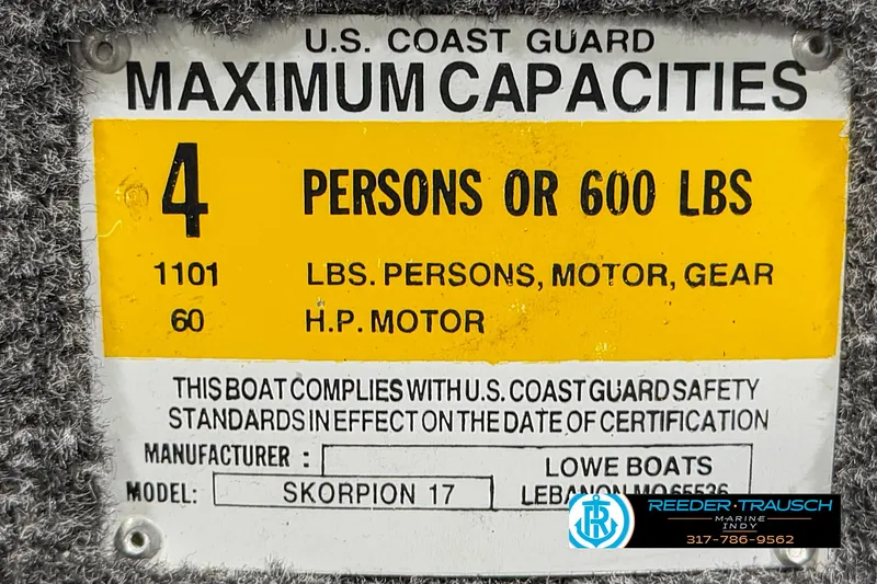 Slide: The Image of 2021 Lowe Skorpion 17 capacity label: 4 persons or 600 lbs, 60 HP motor. - 46