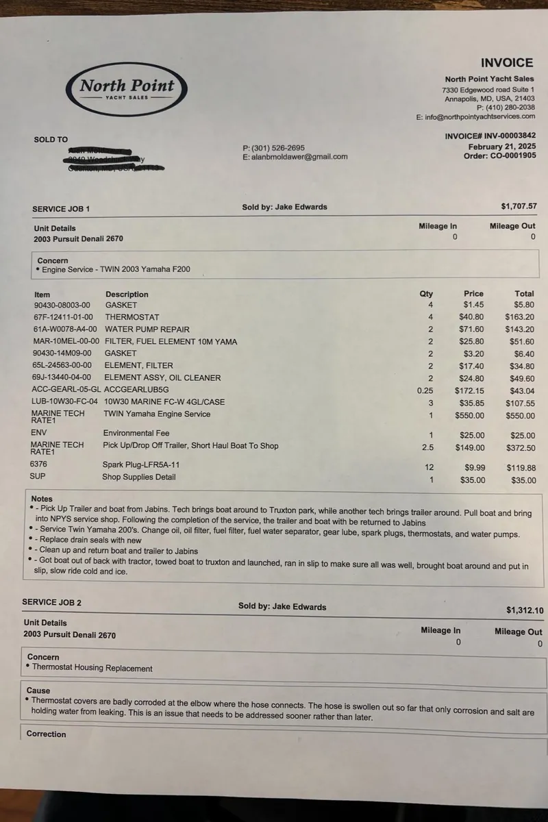 Slide: The Image of Invoice for 2003 Pursuit 2670 Denali LS detailing service and repair costs from North Point Yacht Sales. - 27