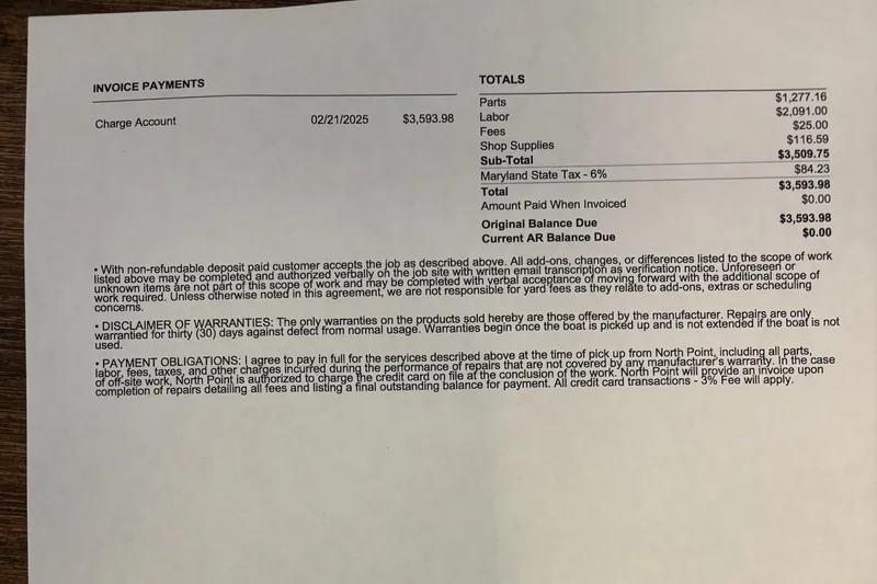 Slide: The Image of Invoice detailing charges for parts, labor, and fees for a 2003 Pursuit 2670 Denali LS. - 28