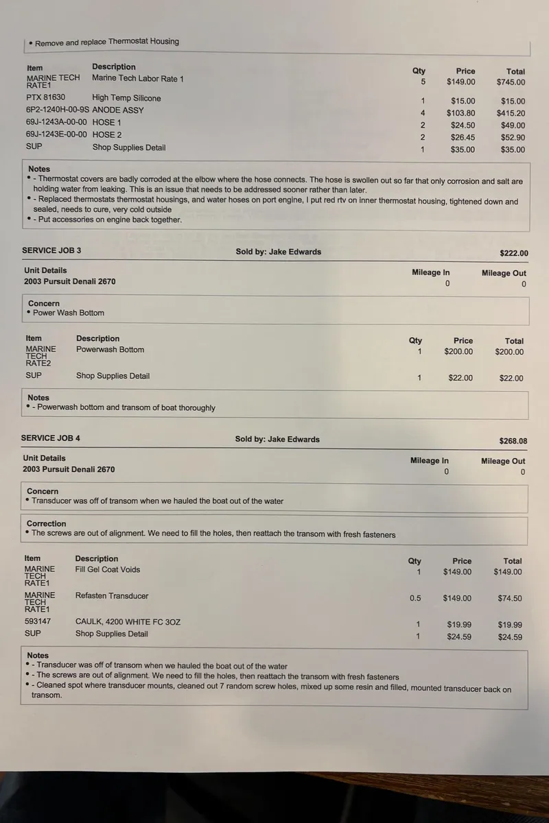 Slide: The Image of Invoice detailing services for 2003 Pursuit 2670 Denali LS, including parts, labor, and costs. - 29