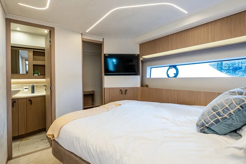Slide: The Image of Luxurious Prestige F5.7 yacht bedroom, 2026 model, featuring modern design and elegant furnishings. - 76
