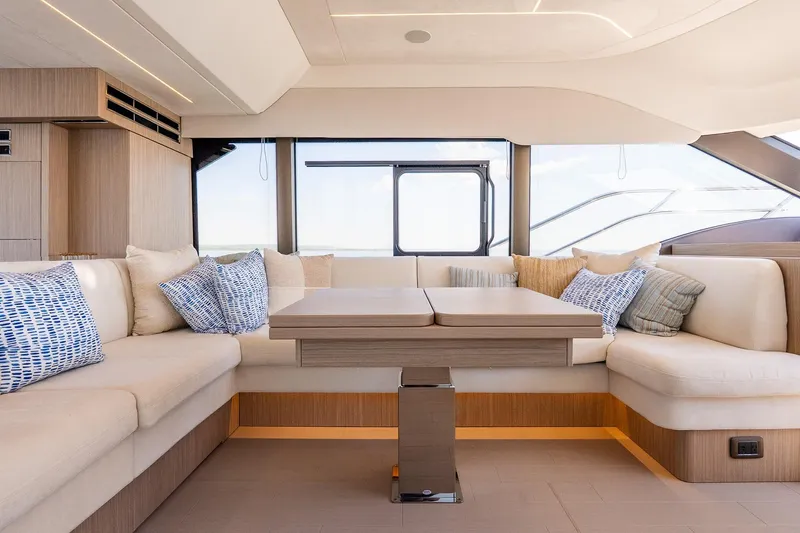 Slide: The Image of Luxurious interior of 2026 Prestige F5.7 yacht with elegant seating and modern design. - 54