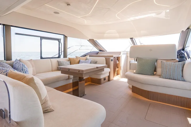 Slide: The Image of Luxurious interior of 2026 Prestige F5.7 yacht with elegant seating and modern design. - 53