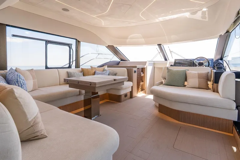 Slide: The Image of Luxurious interior of 2026 Prestige F5.7 yacht with elegant seating and modern design. - 56