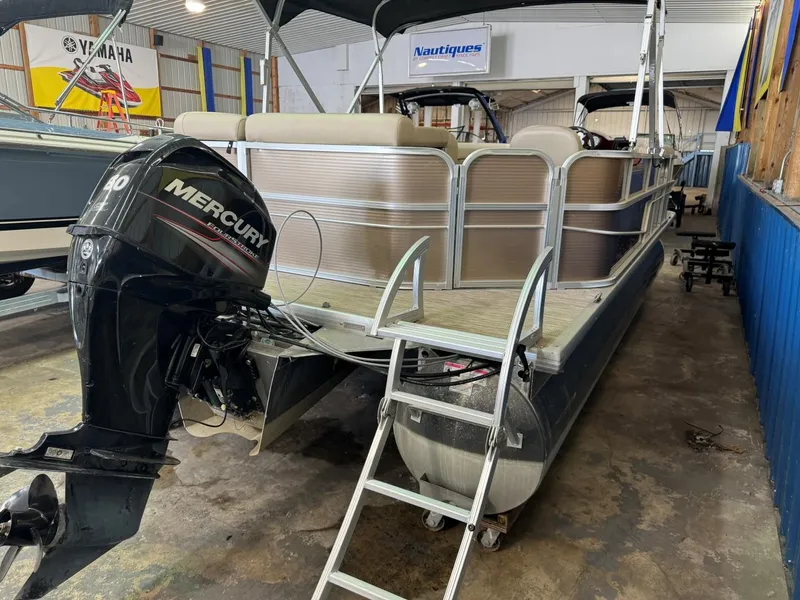 Slide: The Image of 2018 Misty Harbor 2085 Adventure CR pontoon boat with Mercury engine in showroom. - 11