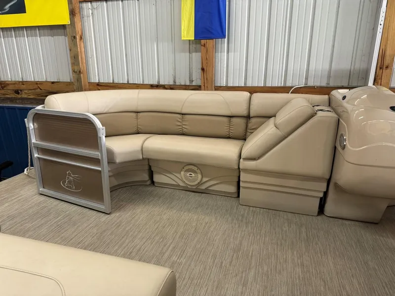 Slide: The Image of 2018 Misty Harbor 2085 Adventure CR pontoon boat interior with beige seating. - 4