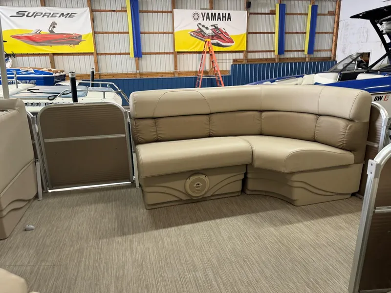 Slide: The Image of 2018 Misty Harbor 2085 Adventure CR pontoon boat interior with beige seating. - 6