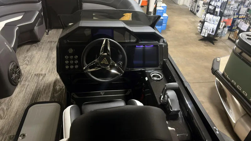 Slide: The Image of 2024 Viaggio Diamante U boat dashboard with modern steering and controls. - 2