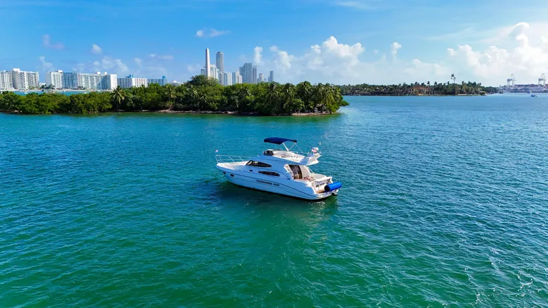 Slide: The Image of Sealine 47 yacht from 2004 on clear blue water with city skyline in background. - 8
