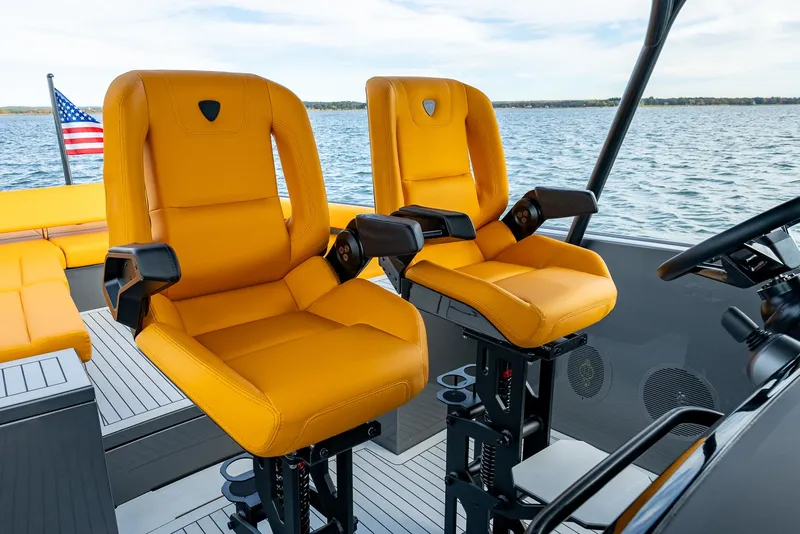 Slide: The Image of Luxury seating on 2025 Wajer 38s boat with vibrant orange upholstery. - 16