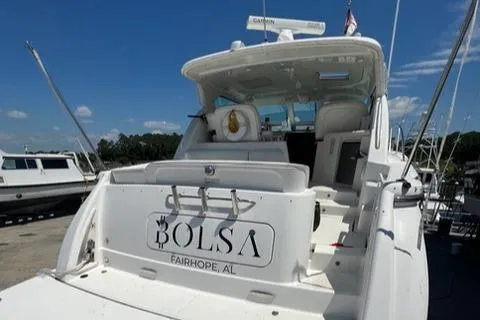 Slide: The Image of 2007 Tiara Yachts 4300 Sovran docked, rear view with "Bolsa" nameplate, Fairhope, AL. - 5
