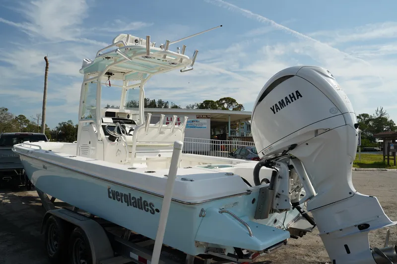 Slide: The Image of 2015 Everglades 243 CC boat with Yamaha engine on trailer. - 6